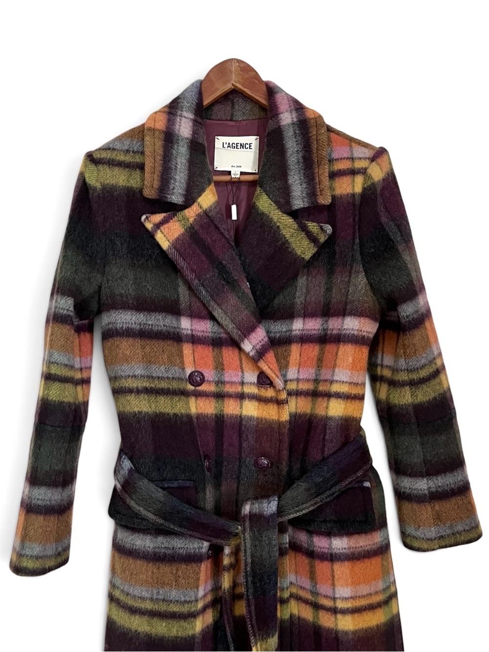 🔴SALE🔴 L'AGENCE Olina Plaid Wool Trench Coat Belted Double Breasted Italian - Picture 2 of 14